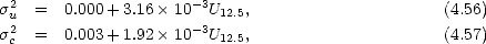   2                   -3
su  =   0.000 +3.16 10  U12.5,                      (4.56)
s2c =   0.003 +1.92 10-3U12.5,                      (4.57)

